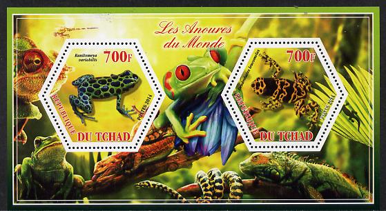 Chad 2014 Frogs & Toads #1 perf sheetlet containing two hexagonal-shaped values unmounted mint , stamps on , stamps on  stamps on shaped, stamps on  stamps on hexagon, stamps on  stamps on hexagonal, stamps on  stamps on amphibians, stamps on  stamps on frogs
