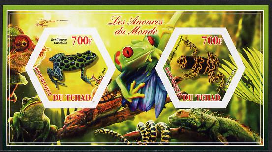 Chad 2014 Frogs & Toads #1 imperf sheetlet containing two hexagonal-shaped values unmounted mint , stamps on , stamps on  stamps on shaped, stamps on  stamps on hexagon, stamps on  stamps on hexagonal, stamps on  stamps on amphibians, stamps on  stamps on frogs