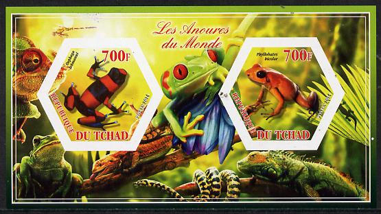 Chad 2014 Frogs & Toads #2 imperf sheetlet containing two hexagonal-shaped values unmounted mint , stamps on , stamps on  stamps on shaped, stamps on  stamps on hexagon, stamps on  stamps on hexagonal, stamps on  stamps on amphibians, stamps on  stamps on frogs