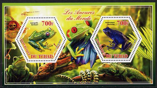 Chad 2014 Frogs & Toads #3 perf sheetlet containing two hexagonal-shaped values unmounted mint , stamps on , stamps on  stamps on shaped, stamps on  stamps on hexagon, stamps on  stamps on hexagonal, stamps on  stamps on amphibians, stamps on  stamps on frogs