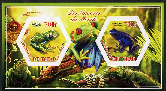 Chad 2014 Frogs & Toads #3 imperf sheetlet containing two hexagonal-shaped values unmounted mint , stamps on , stamps on  stamps on shaped, stamps on  stamps on hexagon, stamps on  stamps on hexagonal, stamps on  stamps on amphibians, stamps on  stamps on frogs