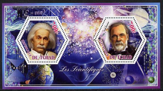 Chad 2014 Scientists #1 perf sheetlet containing two hexagonal-shaped values unmounted mint , stamps on shaped, stamps on hexagon, stamps on hexagonal, stamps on science, stamps on scientists, stamps on personalities