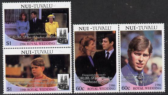 Tuvalu - Niu 1986 Royal Wedding (Andrew & Fergie) set of 4 (2 se-tenant pairs) with 'Congratulations' opt in silver unmounted mint, stamps on , stamps on  stamps on royalty, stamps on  stamps on andrew, stamps on  stamps on fergie