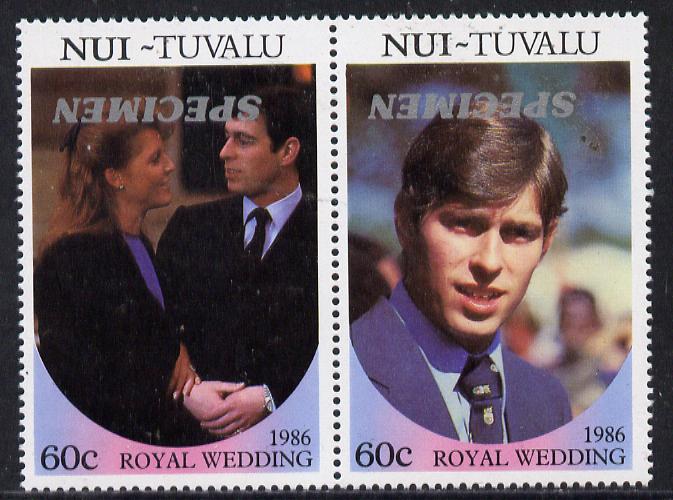 Tuvalu - Nui 1986 Royal Wedding (Andrew & Fergie) 60c perf se-tenant pair overprinted SPECIMEN in silver (Italic caps 26.5 x 3 mm) with overprint inverted unmounted mint, stamps on , stamps on  stamps on royalty, stamps on  stamps on andrew, stamps on  stamps on fergie, stamps on  stamps on 