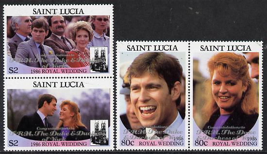 St Lucia 1986 Royal Wedding (Andrew & Fergie) set of 4 (2 se-tenant pairs) with Congratulations opt in silver unmounted mint, stamps on royalty, stamps on andrew, stamps on fergie, stamps on 