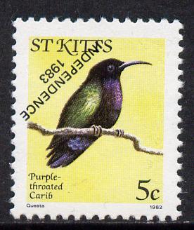 St Kitts 1983 Purple-throated Carib 5c with Independence opt inverted (reading up) unmounted mint SG 118Bb, stamps on birds