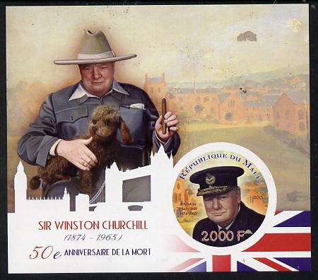 Mali 2015 Sir Winston Churchill imperf sheetlet containing circular-shaped value unmounted mint , stamps on shaped, stamps on personalities, stamps on churchill, stamps on constitutions, stamps on  ww2 , stamps on masonry, stamps on masonics, stamps on dogs