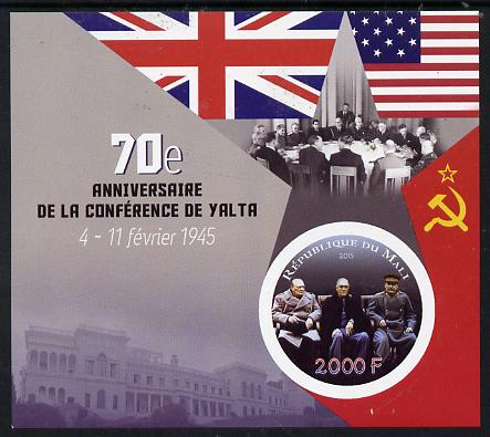 Mali 2015 70th Anniversary of Yalta Conference imperf sheetlet containing circular-shaped value unmounted mint , stamps on shaped, stamps on personalities, stamps on churchill, stamps on constitutions, stamps on  ww2 , stamps on masonry, stamps on masonics, stamps on stalin.roosevelt, stamps on usa presidents