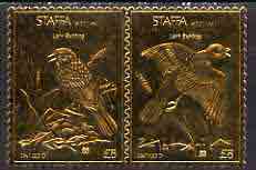 Staffa 1976 Lark Bunting (Male & Female) Â£8 + Â£8 se-tenant pair perforated & embossed in 23 carat gold foil unmounted mint, stamps on , stamps on  stamps on birds    lark bunting