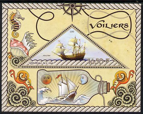 Congo 2015 Sailing Ships perf deluxe sheet containing one triangular value unmounted mint, stamps on ships, stamps on shaped, stamps on triangle, stamps on triangular