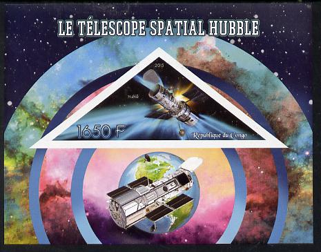 Congo 2015 Hubble Telescope imperf deluxe sheet containing one triangular value unmounted mint, stamps on , stamps on  stamps on space, stamps on  stamps on telescopes, stamps on  stamps on shaped, stamps on  stamps on triangle, stamps on  stamps on triangular