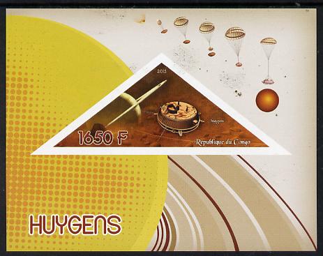 Congo 2015 Huygens Saturn Probe imperf deluxe sheet containing one triangular value unmounted mint, stamps on , stamps on  stamps on space, stamps on  stamps on saturn, stamps on  stamps on shaped, stamps on  stamps on triangle, stamps on  stamps on triangular, stamps on  stamps on parachutes