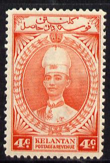 Malaya - Kelantan 1937-40 Sultan Ismail Chef's Hat 4c mounted mint SG 42, stamps on , stamps on  stamps on , stamps on  stamps on  kg6 , stamps on  stamps on 