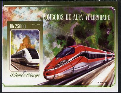 St Thomas & Prince Islands 2015 High Speed Trains #3 imperf deluxe m/sheet unmounted mint. Note this item is privately produced and is offered purely on its thematic appeal, stamps on , stamps on  stamps on railways