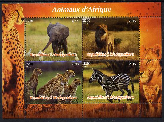 Madagascar 2015  Animals of Africa perf sheetlet containing 4 values unmounted mint. Note this item is privately produced and is offered purely on its thematic appeal, stamps on , stamps on  stamps on animals, stamps on  stamps on elephants, stamps on  stamps on lions, stamps on  stamps on zebra