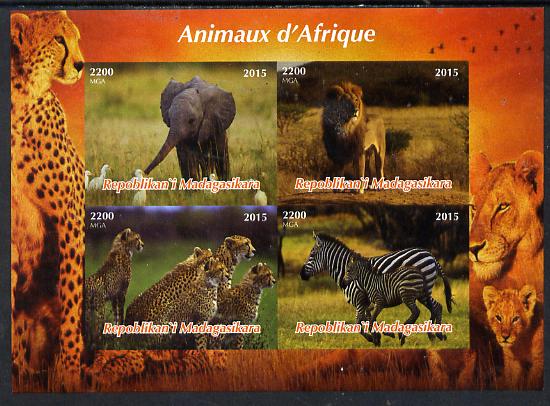 Madagascar 2015  Animals of Africa imperf sheetlet containing 4 values unmounted mint. Note this item is privately produced and is offered purely on its thematic appeal, stamps on , stamps on  stamps on animals, stamps on  stamps on elephants, stamps on  stamps on lions, stamps on  stamps on zebra