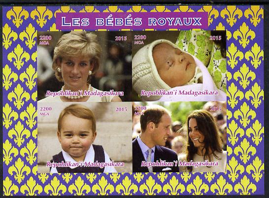 Madagascar 2015 Royal Babies imperf sheetlet containing 4 values unmounted mint. Note this item is privately produced and is offered purely on its thematic appeal, stamps on royalty, stamps on diana, stamps on william, stamps on kate