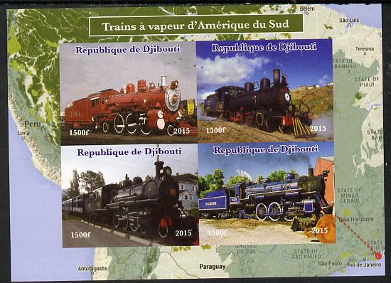 Djibouti 2015 Steam Locomotives of South America imperf sheetlet containing 4 values unmounted mint. Note this item is privately produced and is offered purely on its thematic appeal, stamps on , stamps on  stamps on railways