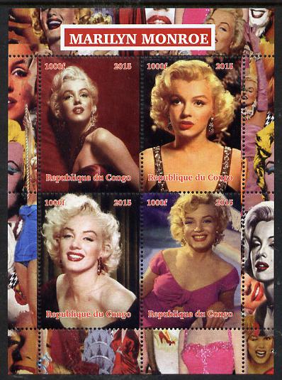 Congo 2015 Marilyn Monroe perf sheetlet containing 4 values unmounted mint. Note this item is privately produced and is offered purely on its thematic appeal, stamps on personalities, stamps on films, stamps on cinema, stamps on movies, stamps on music, stamps on marilyn, stamps on monroe