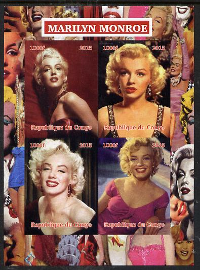 Congo 2015 Marilyn Monroe imperf sheetlet containing 4 values unmounted mint. Note this item is privately produced and is offered purely on its thematic appeal, stamps on personalities, stamps on films, stamps on cinema, stamps on movies, stamps on music, stamps on marilyn, stamps on monroe