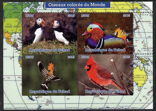 Chad 2015 Colourful Birds of the World perf sheetlet containing 4 values unmounted mint. Note this item is privately produced and is offered purely on its thematic appeal. . , stamps on , stamps on  stamps on birds, stamps on  stamps on puffins, stamps on  stamps on ducks, stamps on  stamps on hoopoes