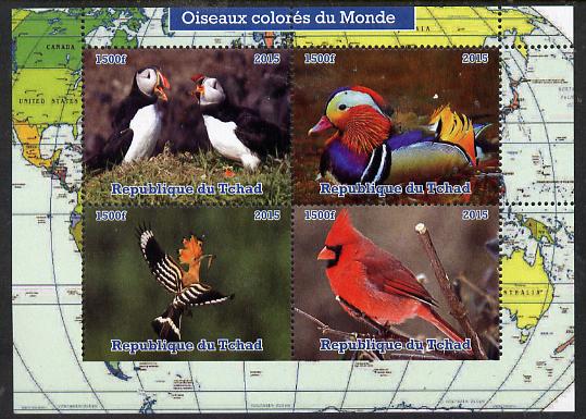 Chad 2015 Colourful Birds of the World perf sheetlet containing 4 values unmounted mint. Note this item is privately produced and is offered purely on its thematic appeal..., stamps on birds, stamps on puffins, stamps on ducks, stamps on hoopoes