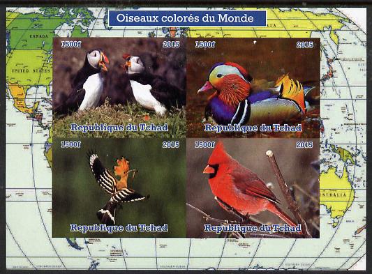 Chad 2015 Colourful Birds of the World imperf sheetlet containing 4 values unmounted mint. Note this item is privately produced and is offered purely on its thematic appe..., stamps on birds, stamps on puffins, stamps on ducks, stamps on hoopoes