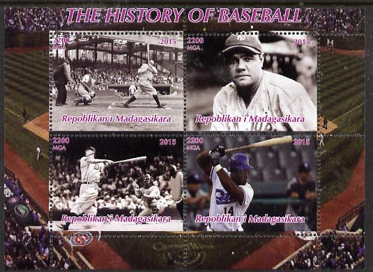 Madagascar 2015 History of Baseball perf sheetlet containing 4 values unmounted mint. Note this item is privately produced and is offered purely on its thematic appeal, stamps on spoty, stamps on baseball