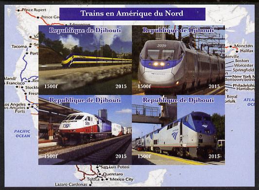 Djibouti 2015 Trains of North America imperf sheetlet containing 4 values unmounted mint. Note this item is privately produced and is offered purely on its thematic appeal, stamps on , stamps on  stamps on railways