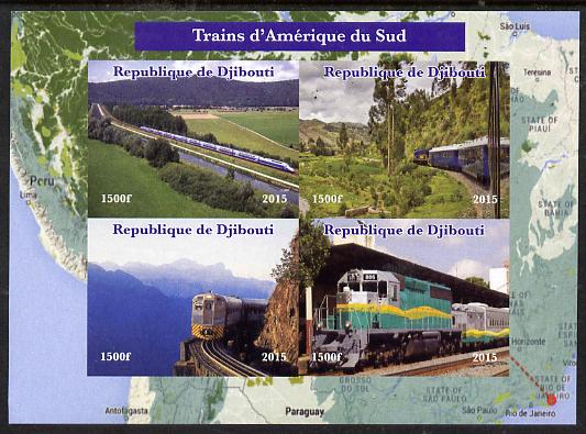 Djibouti 2015 Trains of South America imperf sheetlet containing 4 values unmounted mint. Note this item is privately produced and is offered purely on its thematic appea..., stamps on railways