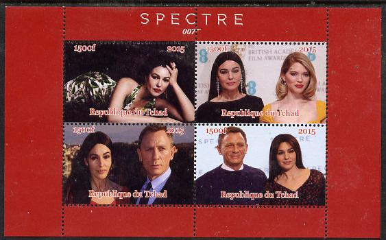 Chad 2015 Spectre (James Bond) #2 perf sheetlet containing 4 values unmounted mint. Note this item is privately produced and is offered purely on its thematic appeal. . , stamps on movies, stamps on films, stamps on  spy , stamps on cinena