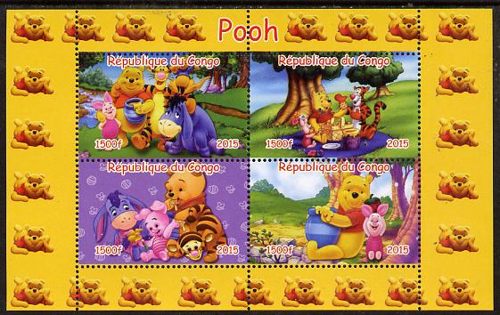Congo 2015 Winnie-the-Pooh #1 perf sheetlet containing 4 values unmounted mint. Note this item is privately produced and is offered purely on its thematic appeal, it has no postal validity, stamps on , stamps on  stamps on movies, stamps on  stamps on films, stamps on  stamps on  disney , stamps on  stamps on cinena