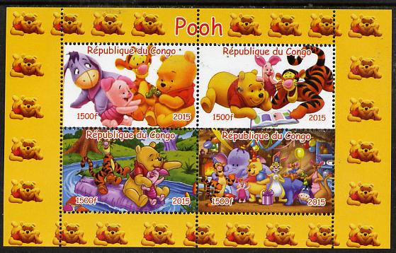 Congo 2015 Winnie-the-Pooh #2 perf sheetlet containing 4 values unmounted mint. Note this item is privately produced and is offered purely on its thematic appeal, stamps on , stamps on  stamps on movies, stamps on  stamps on films, stamps on  stamps on  disney , stamps on  stamps on cinena