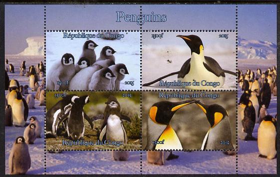 Congo 2015 Penguins perf sheetlet containing 4 values unmounted mint. Note this item is privately produced and is offered purely on its thematic appeal, it has no postal validity, stamps on , stamps on  stamps on polar, stamps on  stamps on penguins, stamps on  stamps on birds
