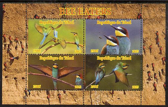 Chad 2015 Bee Eaters #1 perf sheetlet containing 4 values unmounted mint. Note this item is privately produced and is offered purely on its thematic appeal, it has no postal validity, stamps on , stamps on  stamps on birds, stamps on  stamps on bee eaters, stamps on  stamps on 