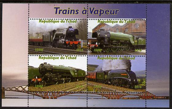 Chad 2015 Steam Trains perf sheetlet containing 4 values unmounted mint. Note this item is privately produced and is offered purely on its thematic appeal, it has no postal validity, stamps on , stamps on  stamps on railways