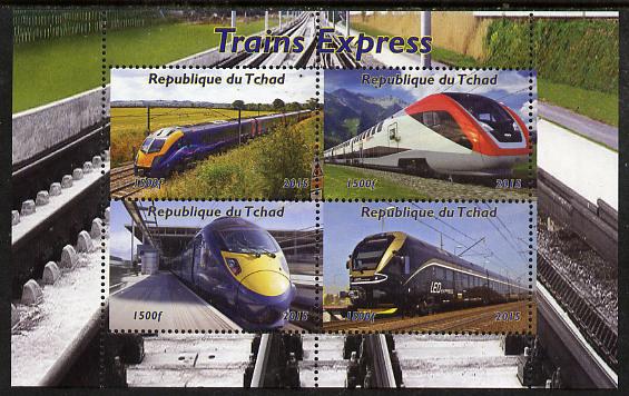 Chad 2015 High Speed Trains perf sheetlet containing 4 values unmounted mint. Note this item is privately produced and is offered purely on its thematic appeal, it has no postal validity, stamps on , stamps on  stamps on railways