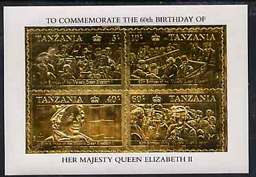 Tanzania 1987 Queen's 60th Birthday perf souvenir sheet containing the 4 values embossed in 22k gold foil unmounted mint (as SG MS 521), stamps on royalty     60th birthday