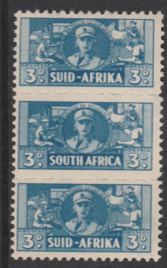 South Africa 1942-44 KG6 War Effort (reduced size) 3d Womens Auxiliary Service triplet unmounted mint, SG 101, stamps on militaria, stamps on women, stamps on  ww2 , stamps on  kg6 , stamps on 