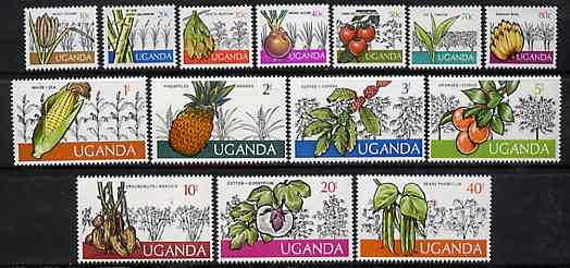 Uganda 1975 Ugandan Crops def set of 14 values complete unmounted mint, SG 149-62, stamps on food, stamps on sugar, stamps on tobacco, stamps on onions, stamps on  tea , stamps on bananas, stamps on pineapples, stamps on coffee, stamps on oranges, stamps on nuts, stamps on cotton, stamps on beans