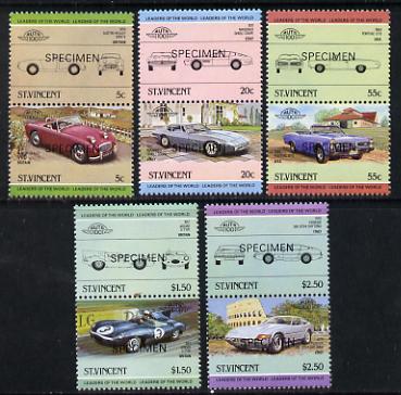 St Vincent 1984 Cars #2 (Leaders of the World) set of 10 opt'd SPECIMEN (as SG 820-29) unmounted mint, stamps on cars    racing cars     pontiac     austin healey    ferrari      maserati      jaguar