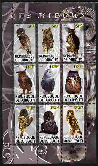 Djibouti 2010 Owls perf sheetlet containing 9 values unmounted mint, stamps on , stamps on  stamps on birds, stamps on  stamps on birds of prey, stamps on  stamps on owls