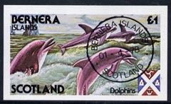 Bernera 1978 Dolphins imperf souvenir sheet (£1 value)  cto used, stamps on , stamps on  stamps on animals    marine-life      whales