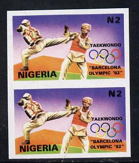 Nigeria 1992 Barcelona Olympic Games (1st issue) N2 value (Taekwondo) unmounted mint imperf pair, stamps on , stamps on  stamps on olympics   sport   martial-arts