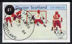 Davaar Island 1984 Los Angeles Olympic Games (Ice Hockey) imperf souvenir sheet (£1 value) cto used, stamps on sport   olympics    ice hockey  