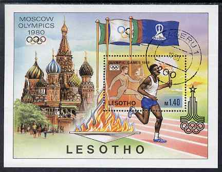 Lesotho 1980 Moscow Olympic Games perf m/sheet fine cds used SG MS 397, stamps on olympics, stamps on flags, stamps on 