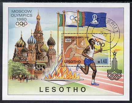 Lesotho 1980 Moscow Olympic Games perf m/sheet fine cds used SG MS 397, stamps on , stamps on  stamps on olympics, stamps on  stamps on flags, stamps on  stamps on 