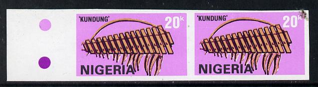 Nigeria 1989 Musical Instruments (Kundung) 20k in unmounted mint IMPERF pair (unlisted by SG and very scarce thus), stamps on , stamps on  stamps on music, stamps on  stamps on musical instruments