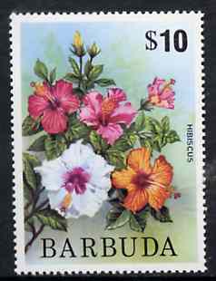 Barbuda 1974 HIbiscus $10 from pictorial def set, SG 197b unmounted mint*, stamps on , stamps on  stamps on flowers