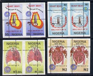 Nigeria 1992 World Health Day (Heart) set of 4 in unmounted mint pairs grossly misperf'd (each stamp quartered), stamps on medical, stamps on heart